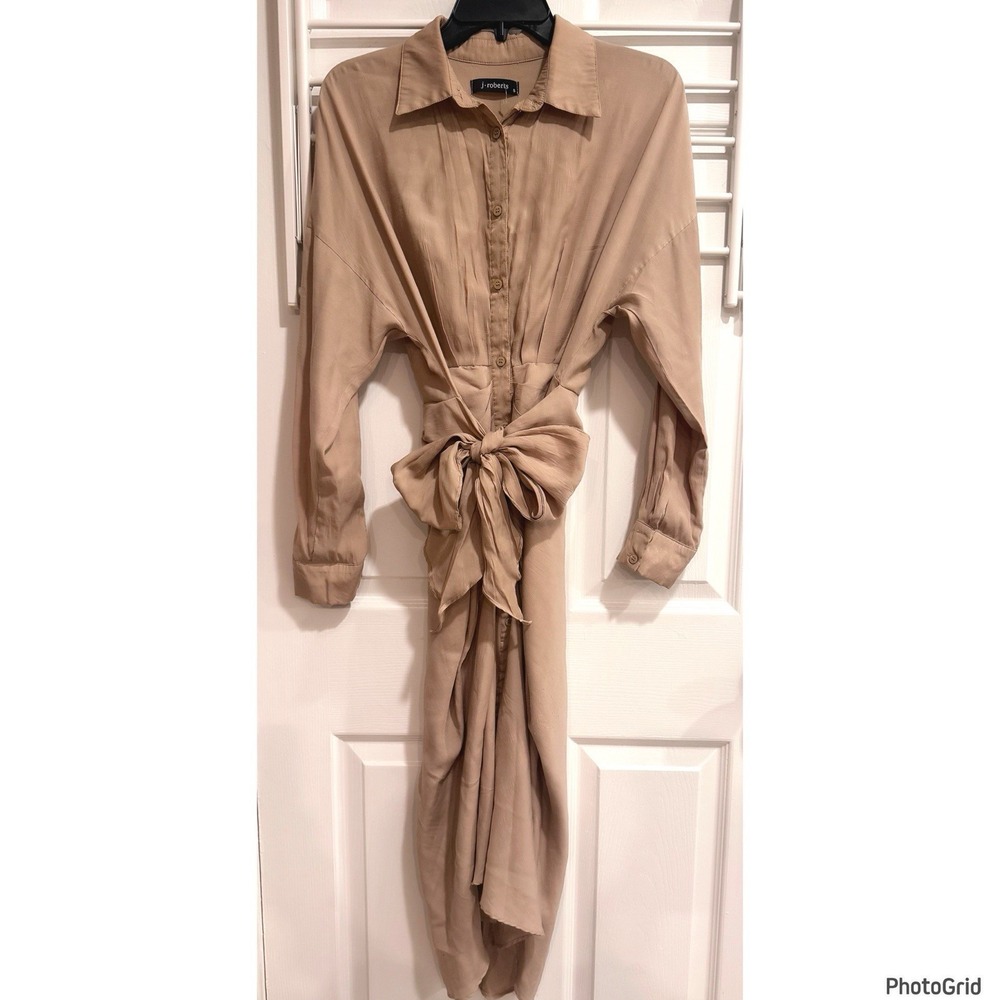 NWOT J Robert Tan Button Down Midi Shirt Dress Ruched With Ties XS SM